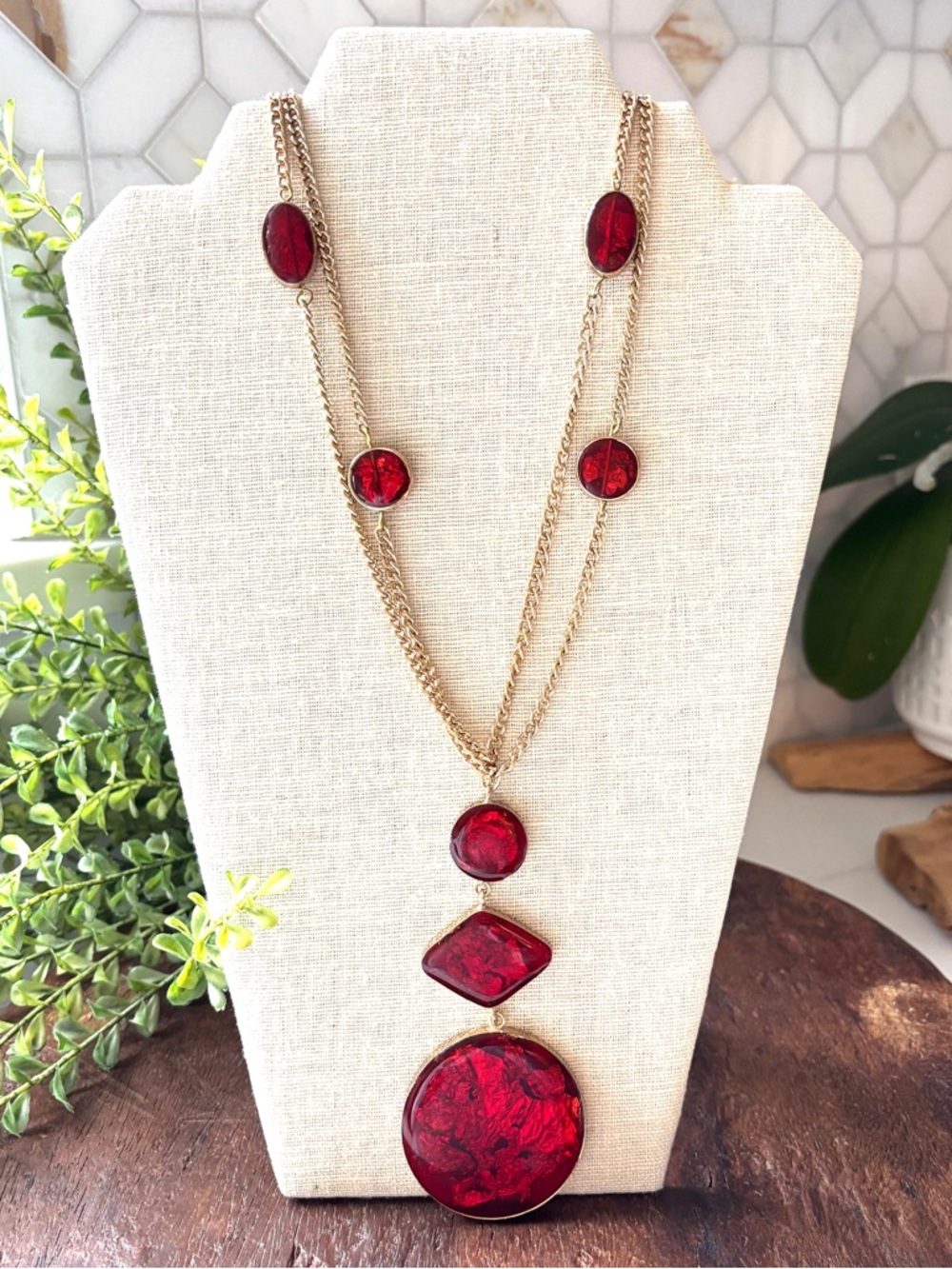 Gold Tone With Red Layered Statement Necklace Womens Accessory